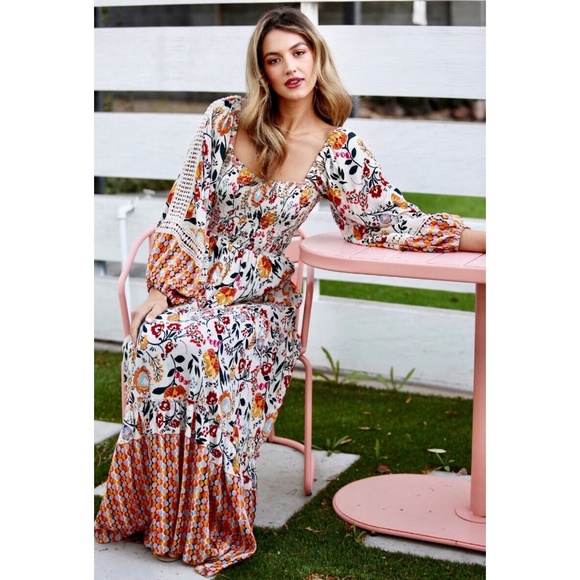 ANGIE Ivory Floral Smocked Long Sleeve Tiered Maxi Dress - Picture 3 of 11